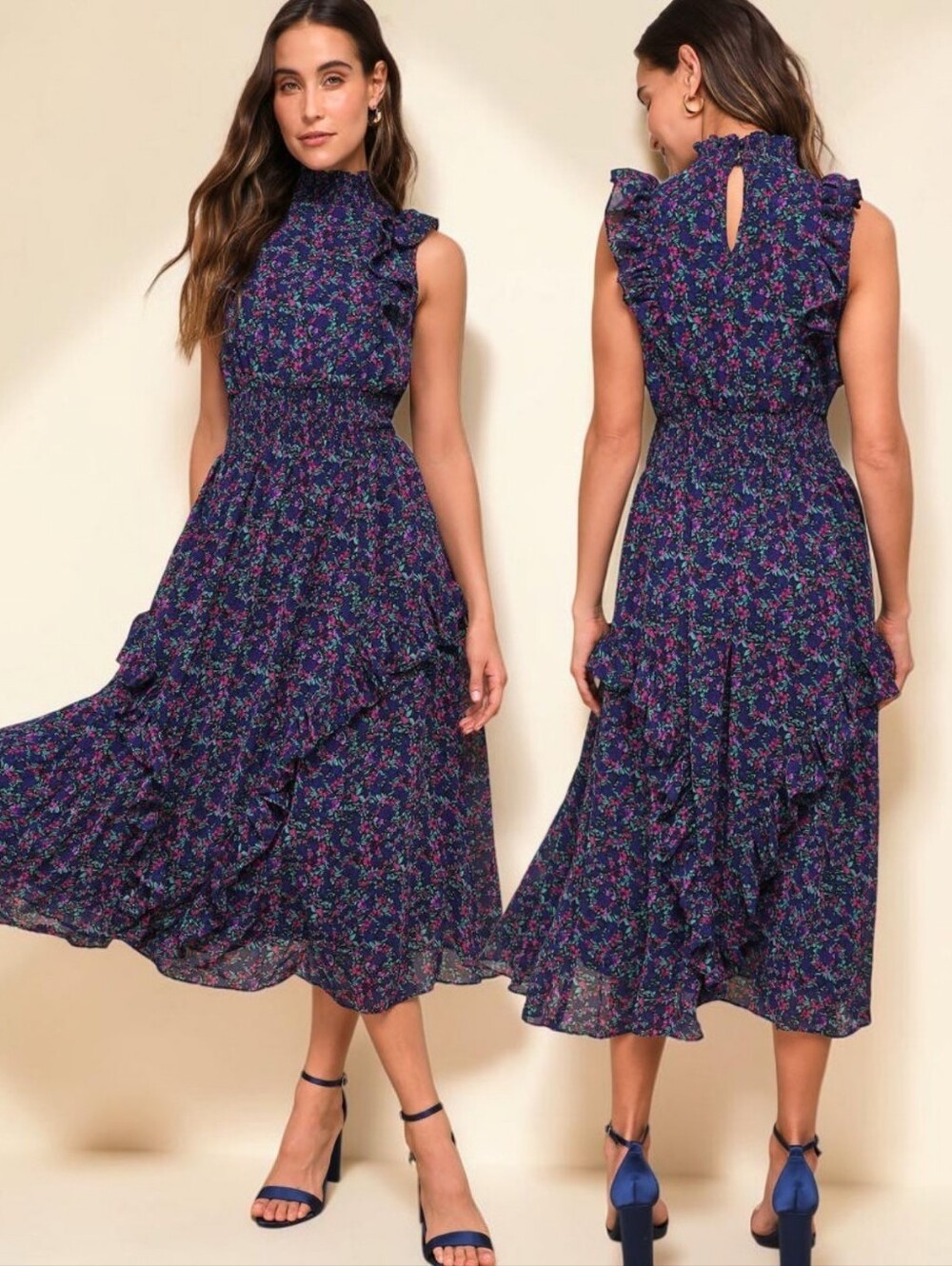 LULUS Evalina Navy Blue Floral Print Mock Neck Midi Dress - Size S